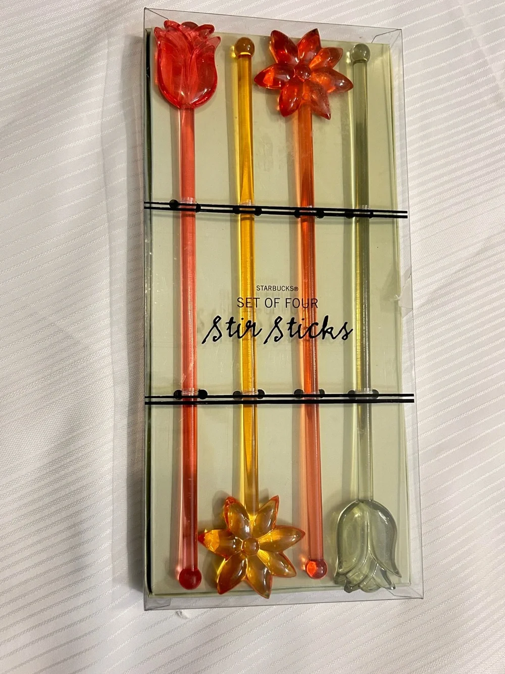 Starbucks 4 Pcs Translucent Floral Stir Sticks - Red, Orange, Yellow, Green New